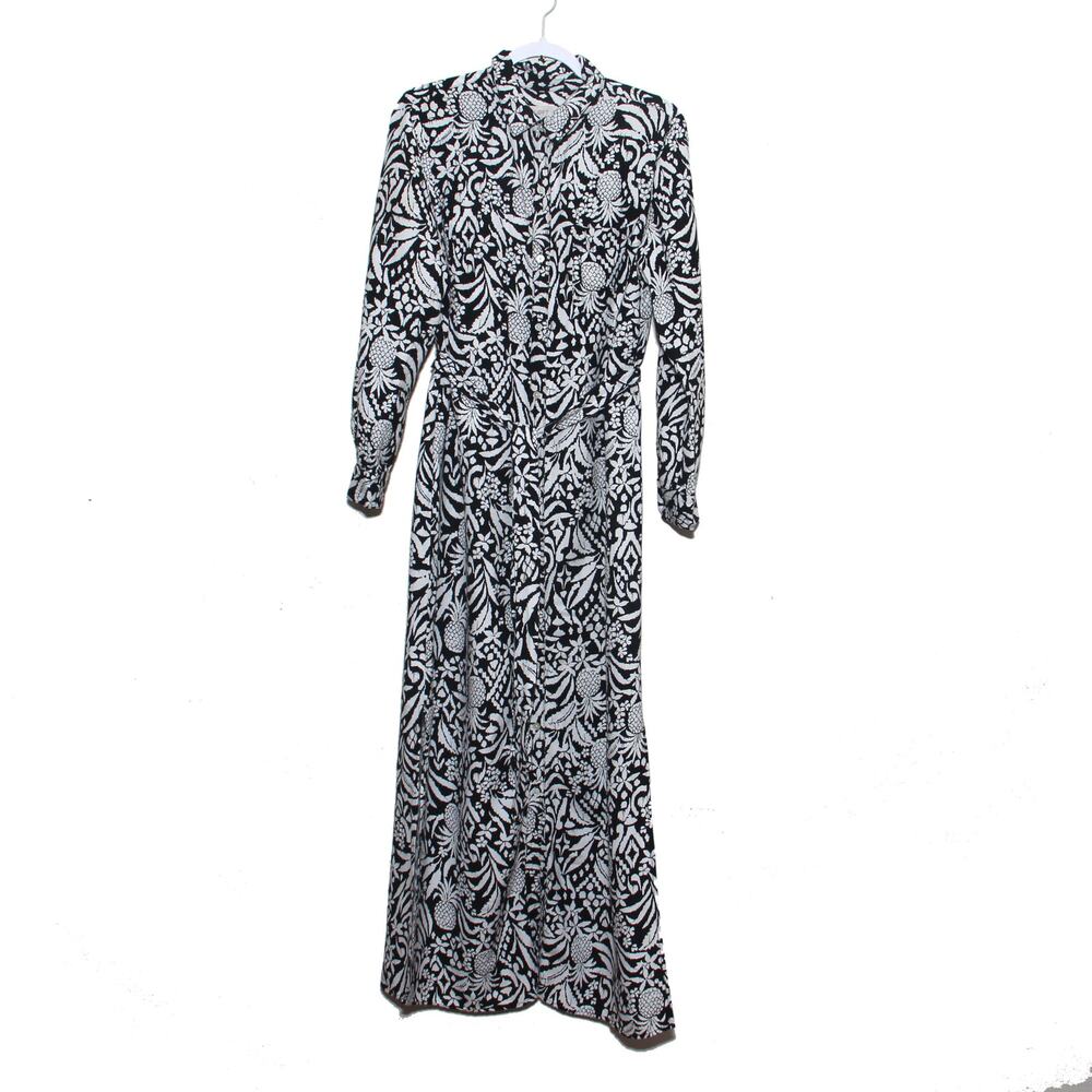 LOFT Black & White Pineapple Tropical Floral Maxi Shirtdress Size 10 Long Sleeve